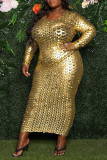Goldfarbene, sexy, einfarbige, zerrissene Patchwork-Kleider mit O-Ausschnitt und einstufigem Rock