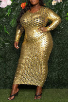 Золотые сексуальные однотонные рваные лоскутные платья с круглым вырезом и юбкой на один шаг