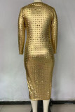 Ouro sexy sólido rasgado retalhos o pescoço vestidos de saia de um passo