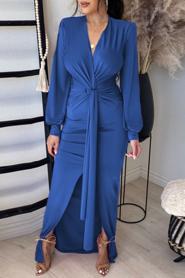 ブルー ファッション カジュアル ソリッド バンデージ V ネック ロング スリーブ ドレス
