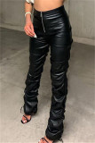 Zwarte mode casual effen patchwork normale hoge taille broek