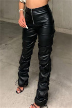 Calças pretas moda casual patchwork sólido regular cintura alta