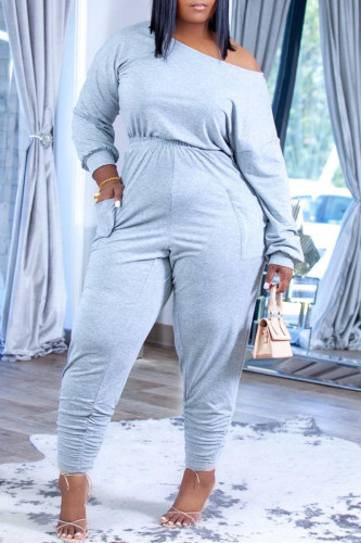 Grey Fashion Casual Solid Fold Off the Shoulder Regular Jumpsuits