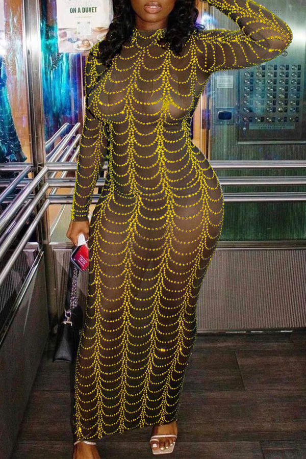 Vestidos de manga larga de cuello alto transparente con perforación en caliente de patchwork sexy de oro negro