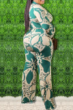 Faixa Verde Moda Casual Estampado Decote V Plus Size Duas Peças