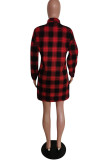 Red Casual Plaid Print Patchwork Buckle Turndown Collar Shirt Dress Dresses(Without Belt)