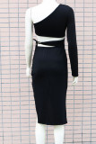 Черные сексуальные однотонные выдолбленные лоскутные платья с завязками и асимметричным косым воротником, одношаговые платья-юбки