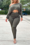 Army Green Sexy Solid Patchwork One Shoulder Long Sleeve Two Pieces