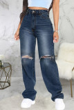 Dark Blue Fashion Casual Solid Ripped High Waist Straight Denim Jeans
