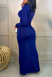 Blauwe sexy effen patchwork gesp vouw kraag A-lijn jurken