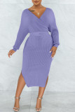 Фиолетовый сексуальный однотонный пэчворк с разрезом и поясом, V-образным вырезом, юбка-карандаш, платья