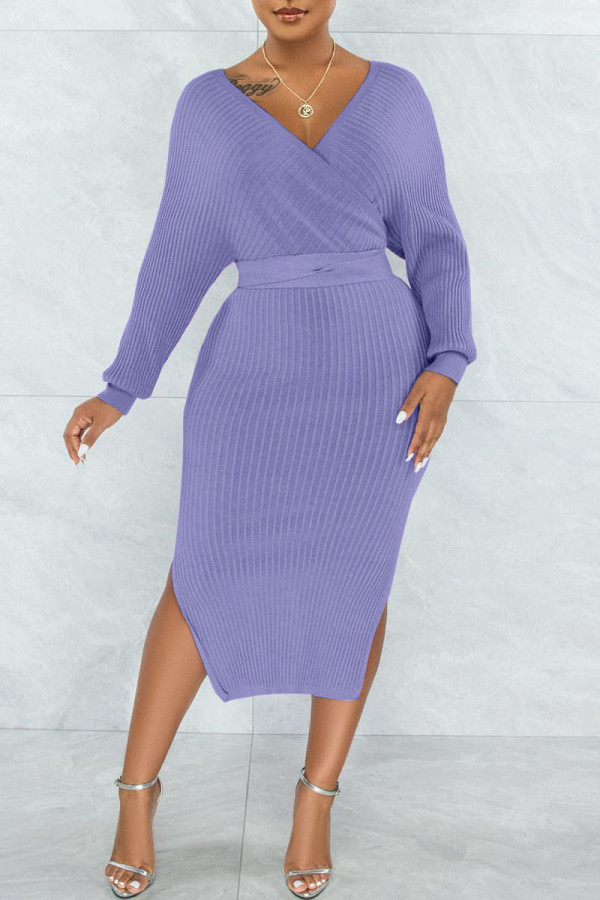 Robes de jupe crayon à col en V avec ceinture et fente en patchwork solide sexy violet