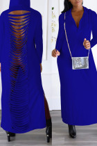 Синие сексуальные уличные сплошные выдолбленные лоскутные разрезы с капюшоном и воротником прямые платья