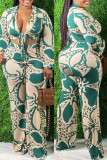 Green Fashion Casual Print Bandage V Neck Plus Size Two Pieces