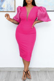 ピンク ファッション カジュアル ソリッド パッチワーク V ネック ドレス