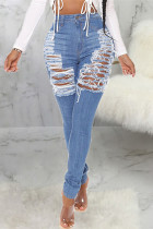 Jeans de mezclilla ajustados de cintura alta rasgados sólidos casuales de moda azul