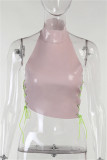 Pink Fashion Sexy Solid Bandage Backless Halter Tops