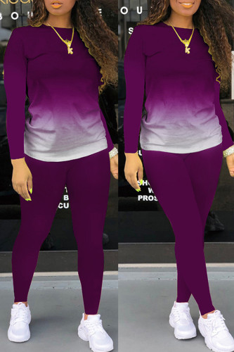 Purple Fashion Casual Gradual Change Print Basic O Neck Long Sleeve Two Pieces