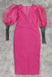 ピンク ファッション カジュアル ソリッド パッチワーク V ネック ドレス