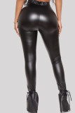 Pantalones pitillo de cintura alta con abertura sólida informales de moda negro