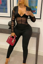 Black Fashion Sexy Patchwork Solid See-through V Neck Skinny Jumpsuits