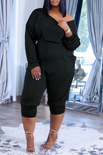 Black Fashion Casual Solid Fold Off the Shoulder Regular Jumpsuits