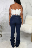 Jeans jeans azul escuro fashion casual sólido rasgado dobra cintura alta regular