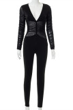 Zwarte mode sexy patchwork effen doorzichtige skinny jumpsuits met V-hals