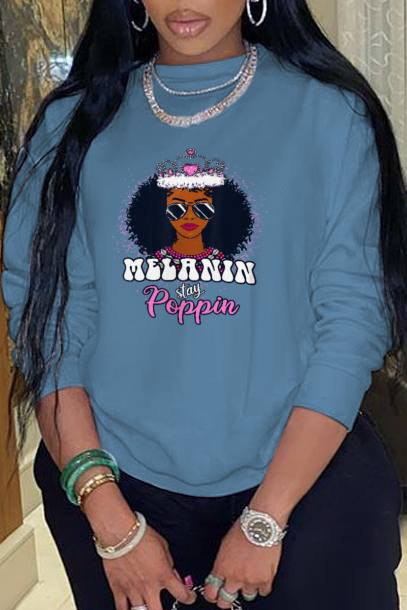 

Blue Casual Street Print Split Joint O Neck Tops