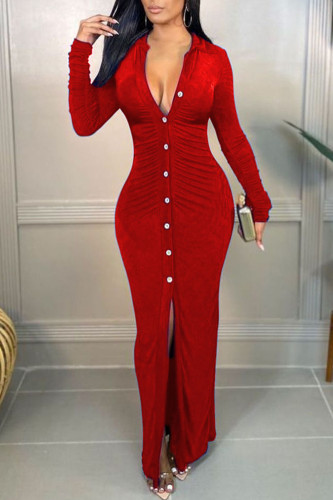Red Sexy Solid Patchwork Buckle Fold Turndown Collar A Line Dresses