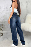 Donkerblauwe modieuze casual rechte jeans met gescheurde hoge taille en hoge taille
