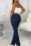 Jeans jeans azul escuro fashion casual sólido rasgado dobra cintura alta regular