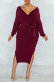 Púrpura sexy sólido patchwork hendidura con cinturón cuello en V lápiz falda vestidos