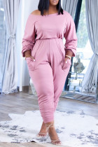 ピンクのファッションカジュアルソリッドフォールドオフショルダーレギュラージャンプスーツ