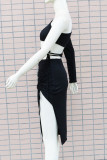 Negro Sexy Sólido Ahuecado Patchwork Draw String Fold Asimétrico Oblicuo Collar Un Paso Falda Vestidos