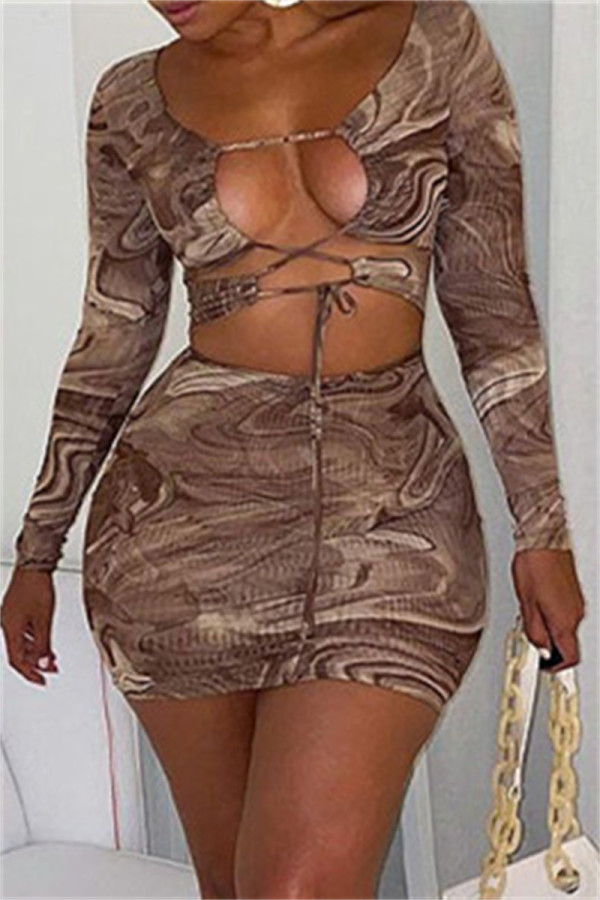 Brown Fashion Sexy Print Bandage ausgehöhlte Langarm-Kleider