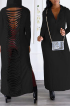 Zwarte sexy straat effen uitgeholde patchwork spleet capuchon kraag rechte jurken