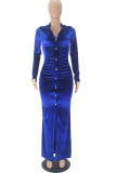 Blue Sexy Solid Patchwork Buckle Fold Turndown Collar A Line Dresses