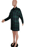 Robe chemise verte décontractée à imprimé écossais avec boucle et col rabattu (sans ceinture)