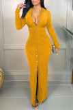 Yellow Sexy Solid Patchwork Buckle Fold Turndown Collar A Line Dresses