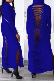 Синие сексуальные уличные сплошные выдолбленные лоскутные разрезы с капюшоном и воротником прямые платья