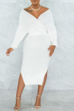 ホワイトセクシーなソリッドパッチワークスリットベルト付きVネックペンシルスカートドレス