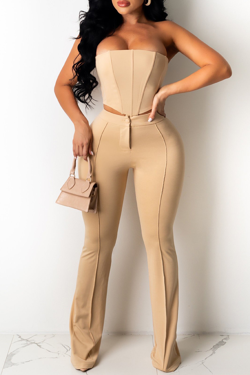 

Khaki Fashion Sexy Solid Backless Strapless Sleeveless Two Pieces