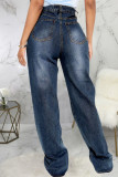 Темно-синие модные повседневные однотонные рваные джинсы прямого кроя с высокой талией