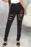 Blue Fashion Casual Solid High Waist Skinny Distressed Ripped Denim Jeans