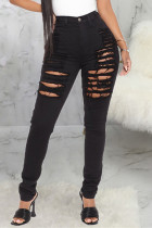 Black Fashion Casual Solid High Waist Skinny Distressed Ripped Denim Jeans