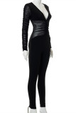 Zwarte mode sexy patchwork effen doorzichtige skinny jumpsuits met V-hals