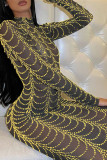 Черные золотые сексуальные лоскутные прозрачные платья с длинными рукавами в стиле пэчворк
