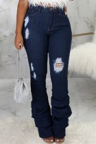 Dark Blue Fashion Casual Solid Fold High Waist Regular Ripped Denim Jeans