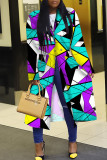 Multicolor Casual Print Patchwork Buttons Turn-back Collar Plus Size Overcoat